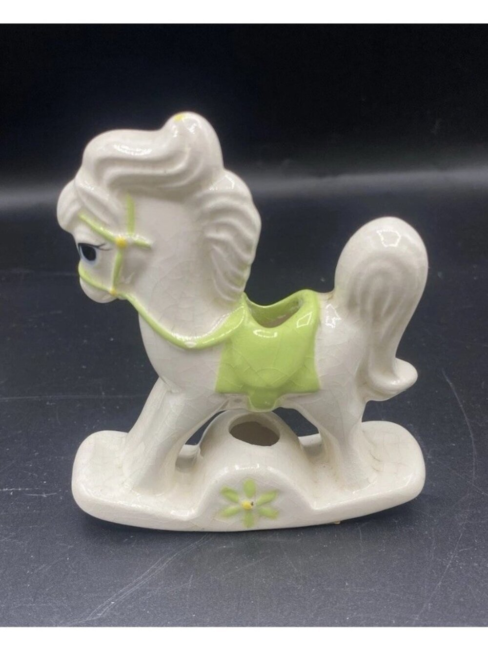 Vintage Porcelain White Green Rocking Horse Figurine Candle Holder Cake Topper